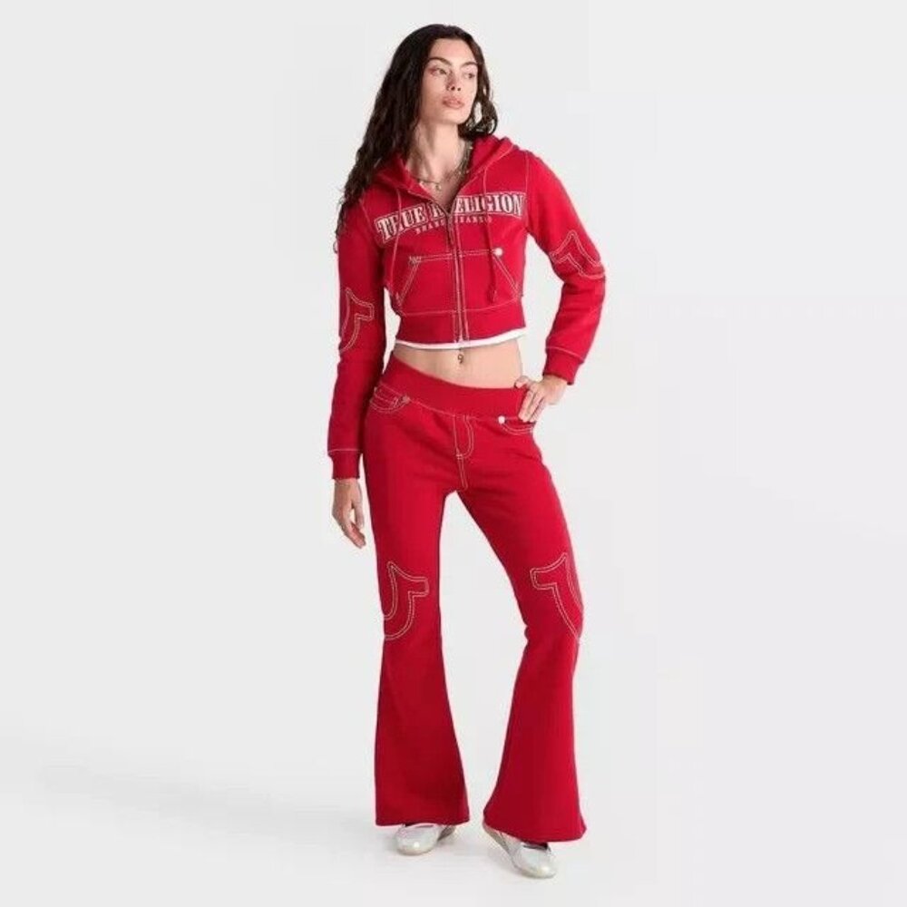 True Religion Flare Sweat Pants Joey Mid Rise Big T Red Women Size XL